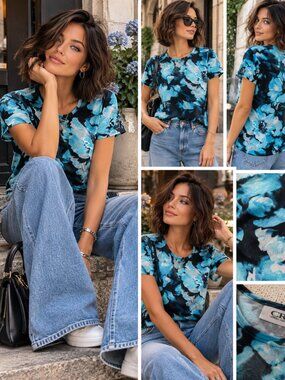 736 - Carroll Reed Blue Watercolor Floral Top M Artsy Abstract Short Sleeve
